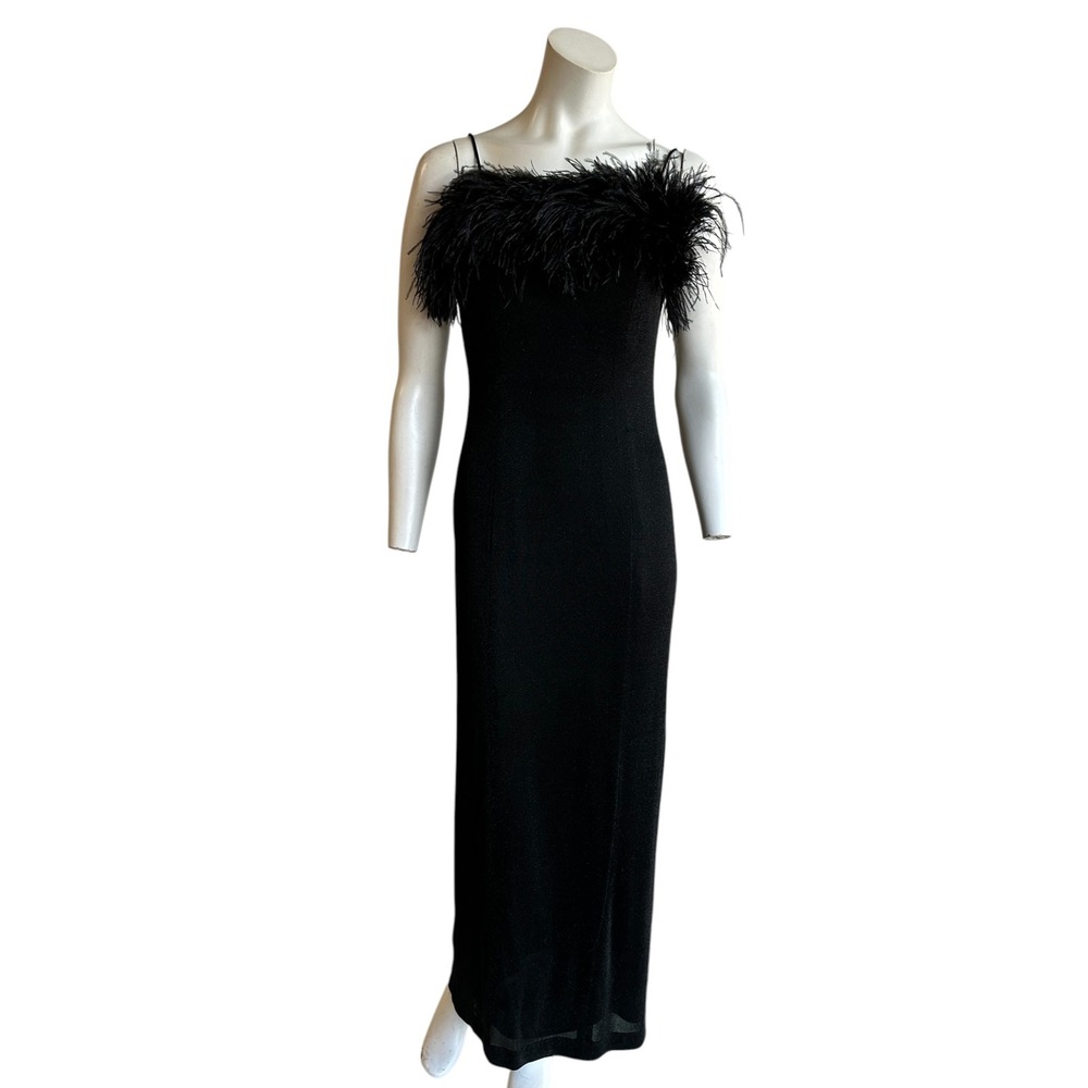 Vintage 90s feather trim lurex black evening dress goth grunge